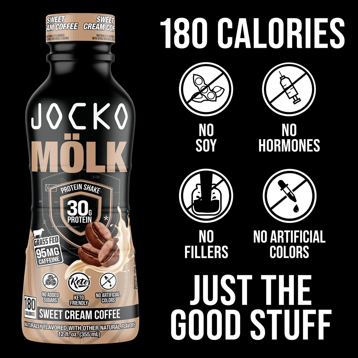 Jocko Mölk 30g  Protein Shakes – No Added Sugar KETO Friendly - 12 FL Oz (Pack of 12) Sweet Cream Coffee