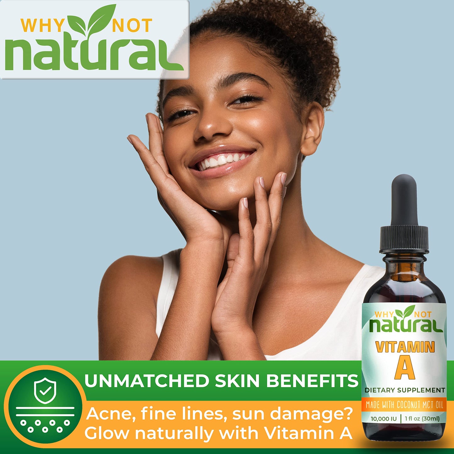 Why Not Natural Vitamin A Drops 10000 IU - Liquid retinyl Palmitate with Coconut MCT Oil, Vegan micellized VIT A Supplement for Skin, Acne - 1 oz sublingual Tincture