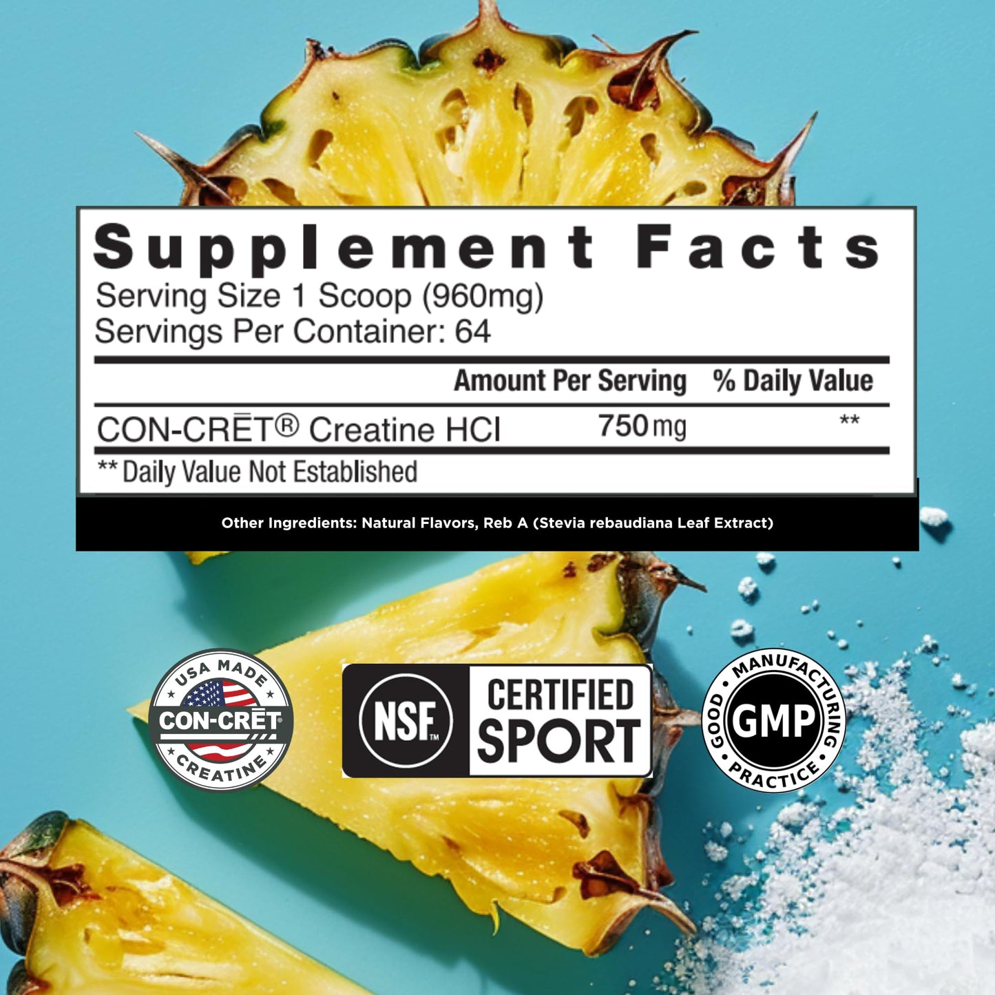 CON-CRET Creatine HCl Powder | Muscle, Cognitive, Cellular Energy Support | No Bloating or Cramps | USA Made & NSF Certified | Pineapple (64 Serving)