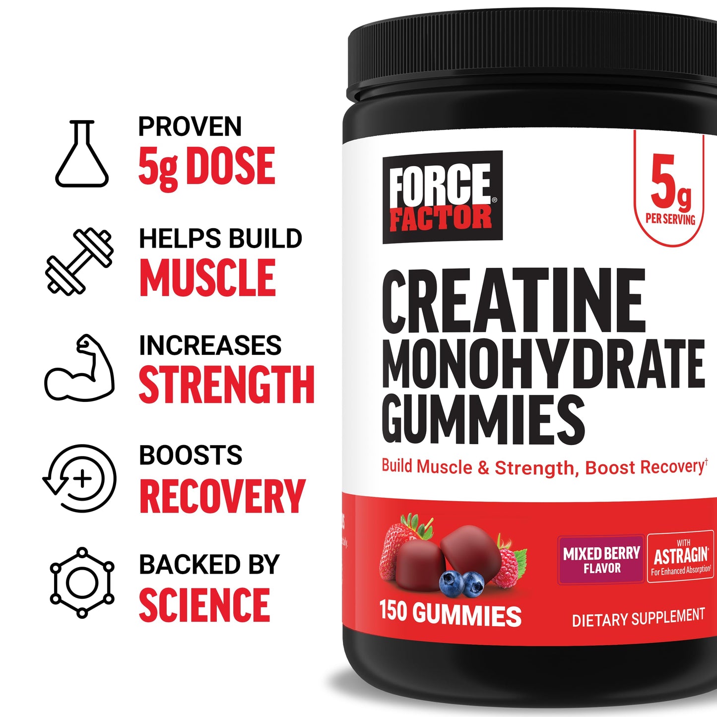 Force Factor Creatine Gummies, Creatine Monohydrate for Muscle Gain, More Strength, and Faster Recovery, Clinically Studied Creatine 5g Dose, Mixed Berry, 30 Servings