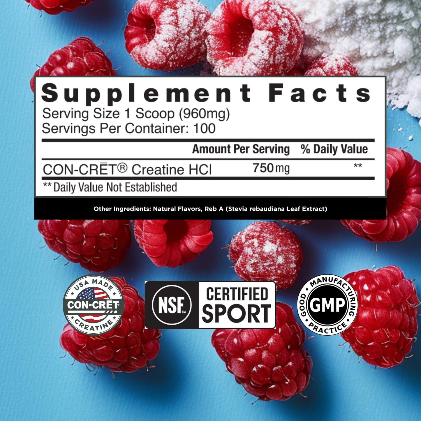 CON-CRET Creatine HCl Powder | Muscle, Cognitive, Cellular Energy Support | No Bloating or Cramps | USA Made & NSF Certified | Raspberry (100 Serving)