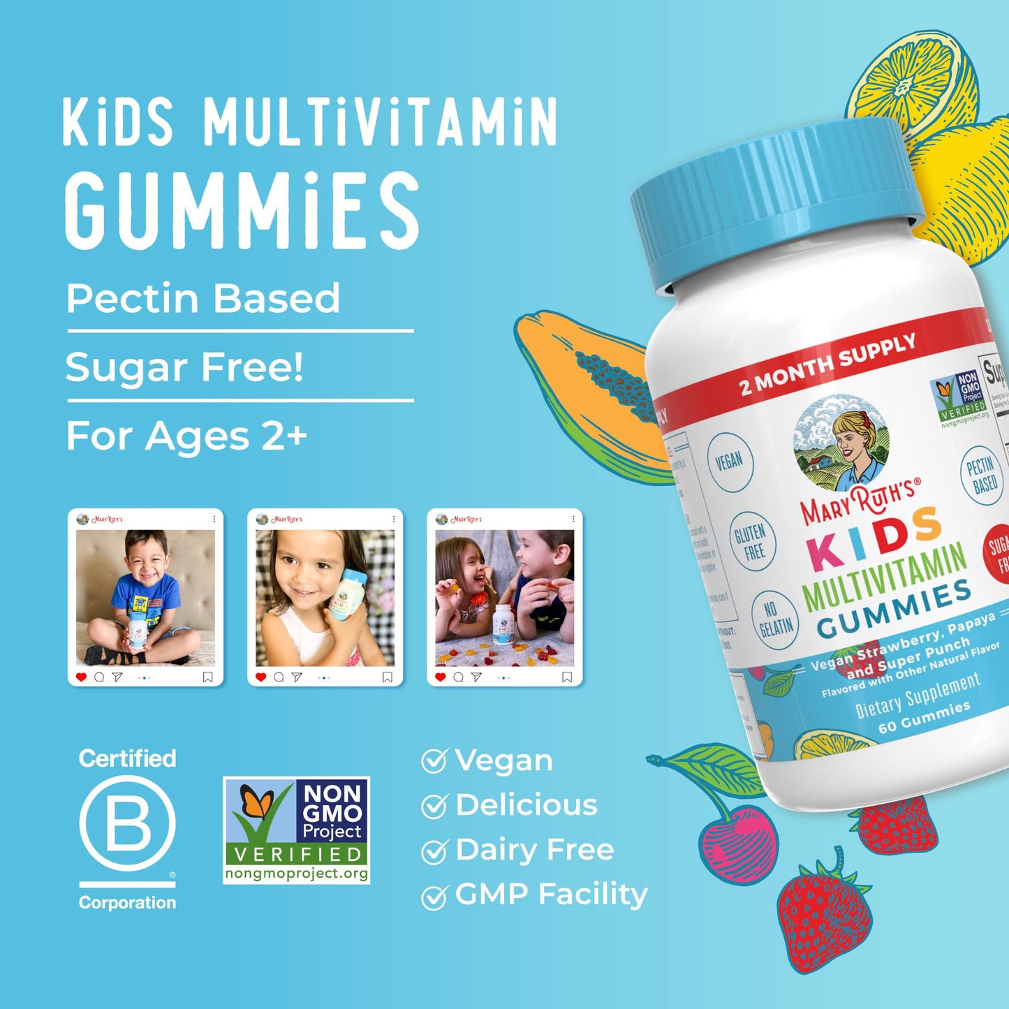 MaryRuth Organics Kids Vitamins | Multi | Sugar Free | 2 Month Supply | Kids Multivitamin Gummies for Ages 2+ | Multivitamin for Kids | Vitamins for Kids | Vegan | Only 1 Gummy a Day | 60 Count |