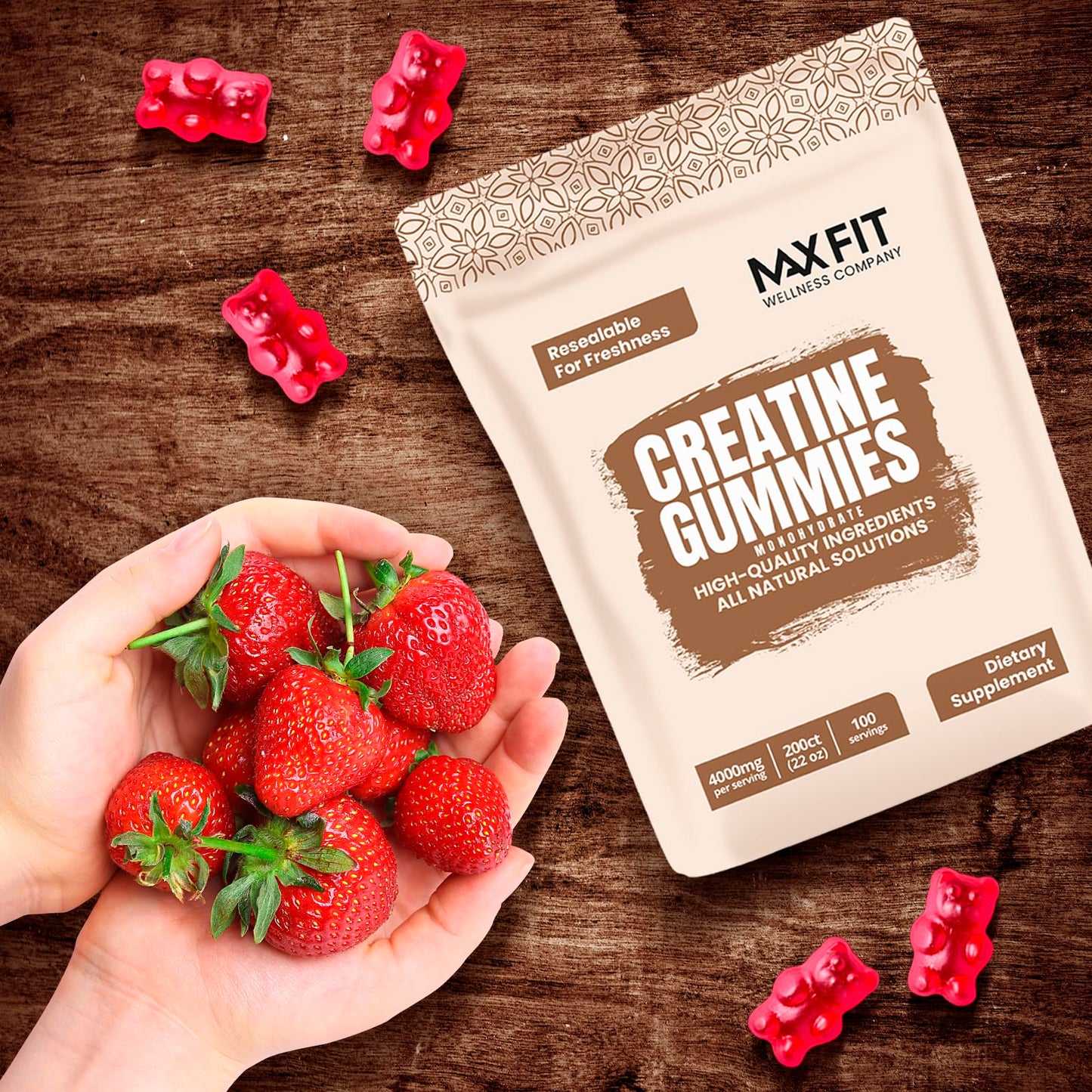 Creatine Gummies (200 Gummies/100 Servings) Creatine Monohydrate Gummies Strawberry Flavor Micronized Creatine Gummies, Fast Absorption 4000mg/Serving Creatine Supplement, Build Lean Muscle Mass