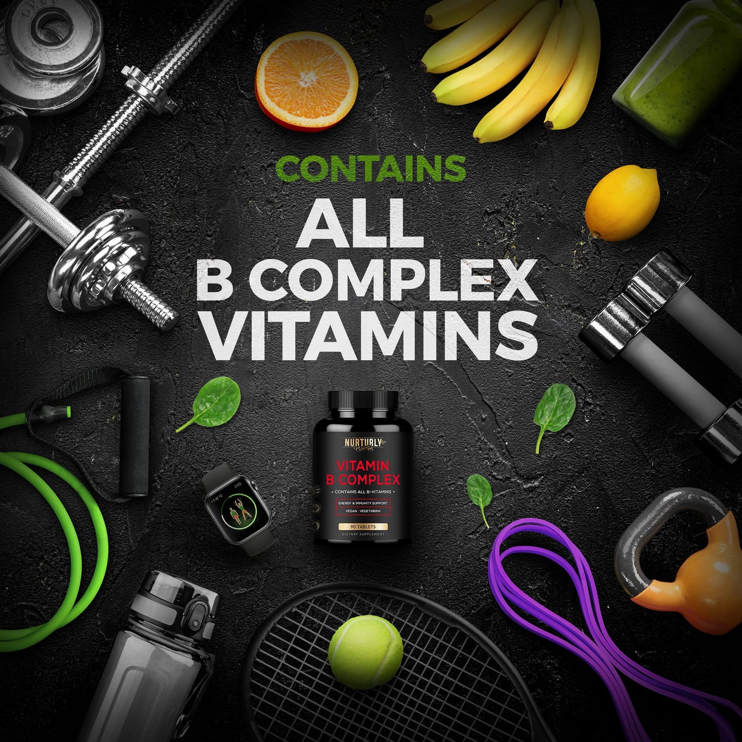 NURTURLY Vitamin B Complex - Contains All Essential B Vitamins - B1, B2, B3, B5, B6, B7, B9, B12 and Biotin - Super B Complex Vitamins for Energy, Immunity and Mood Support - 90 Tablets