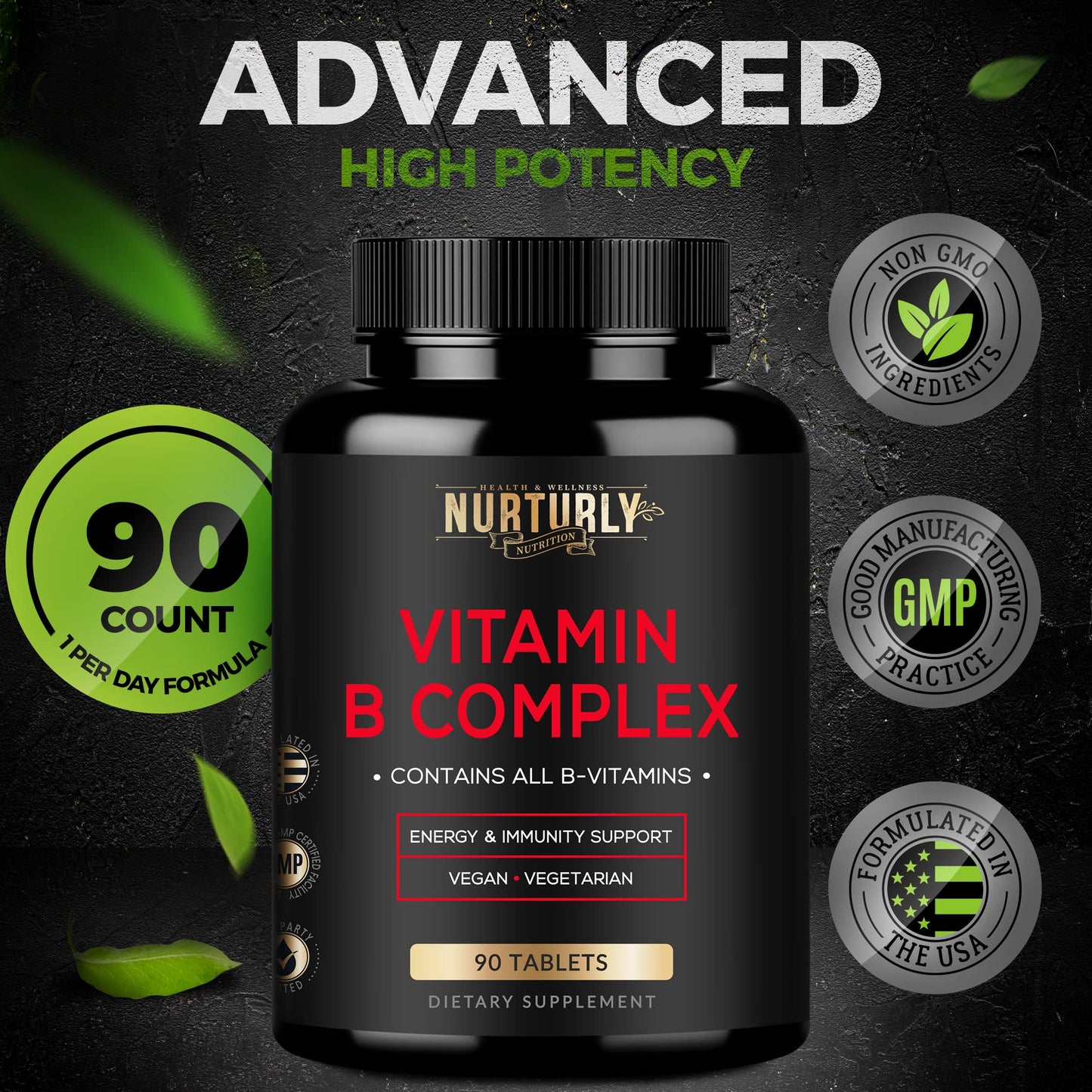 NURTURLY Vitamin B Complex - Contains All Essential B Vitamins - B1, B2, B3, B5, B6, B7, B9, B12 and Biotin - Super B Complex Vitamins for Energy, Immunity and Mood Support - 90 Tablets